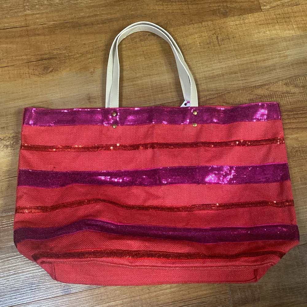 Mud pie coral tote bag with red & purple sequin stripes